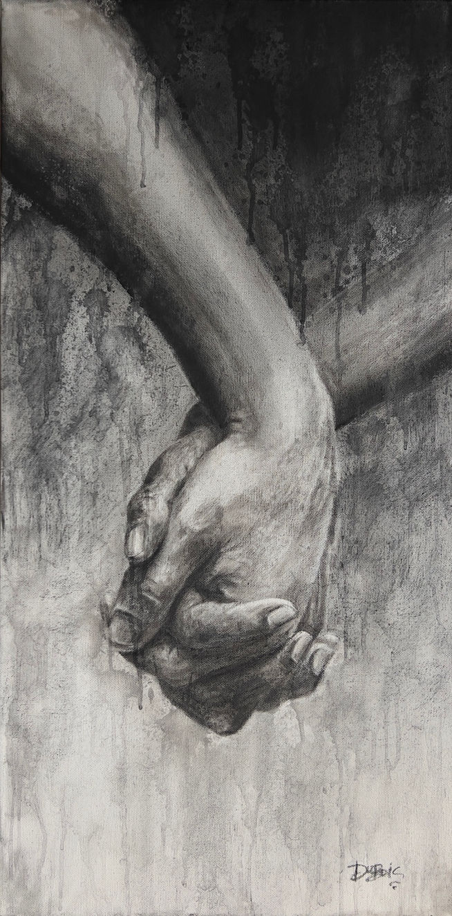 Charcoal drawing of two hands holding, fingers entwined.