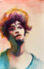 Watercolor portrait of a woman looking up