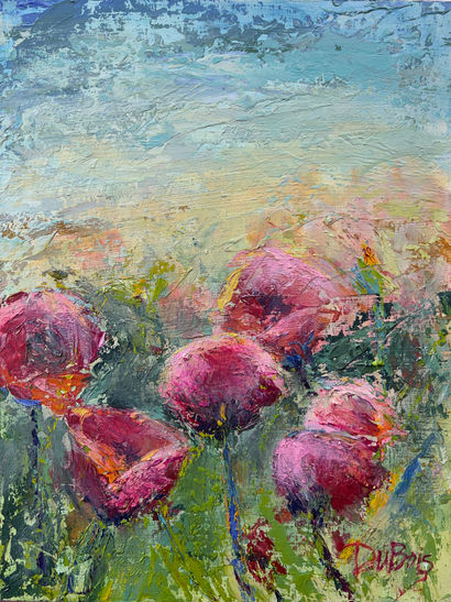 Palette knife acrylic impressionistic painting of 5 pink and red poppies in foreground with sunset in background