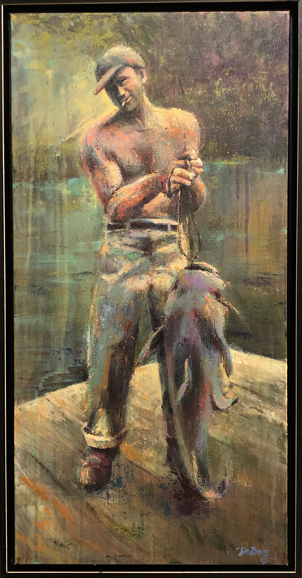 A man standing on a dock, wearing trousers, no shirt, a ball cap, and a cigarette dangling from his mouth, while he holds a very large catfish by a rope.