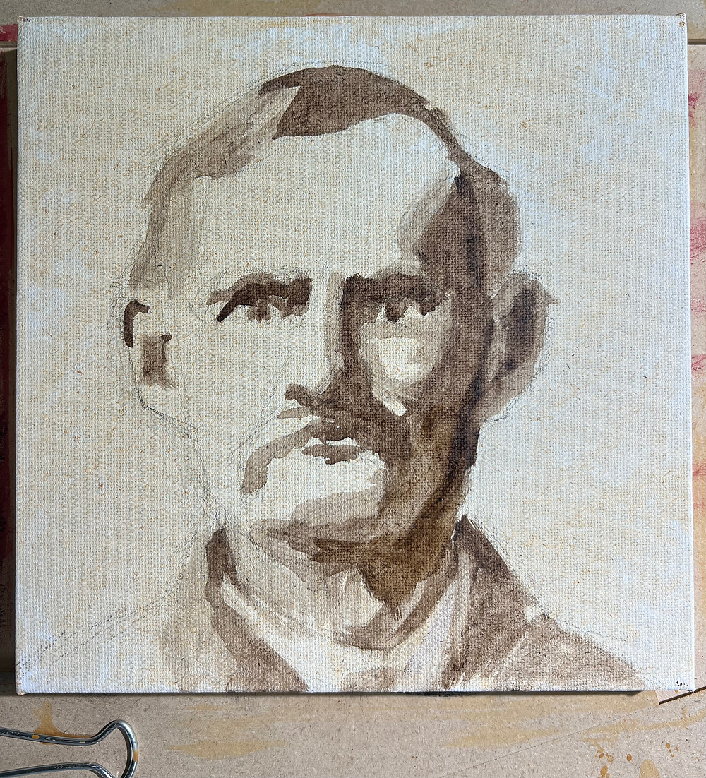 portrait underpainting of a man with a large mustache