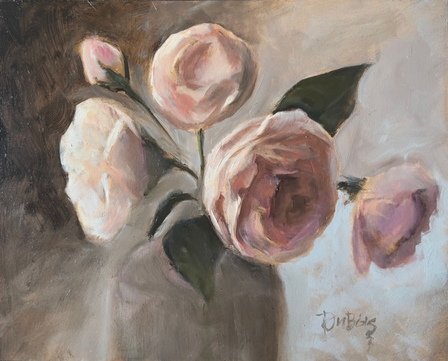 Oil painting by Lisa DuBois of 5 English roses in a crock.