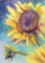 Pastel painting of sunflowers against a blue background