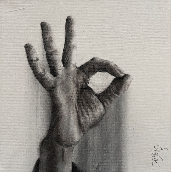 charcoal drawing by Lisa DuBois of a right hand making the OK sign