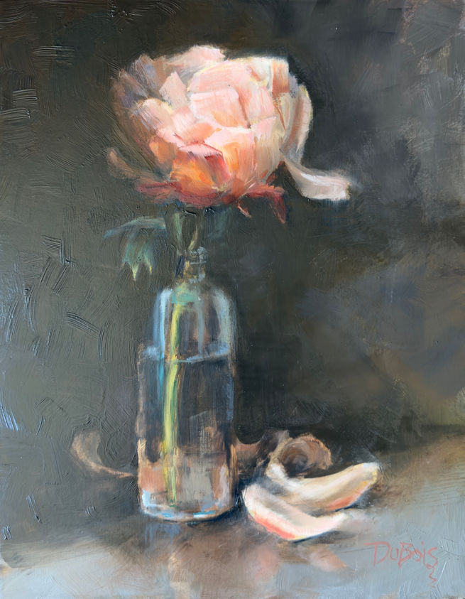 An oil painting by Lisa DuBois depicting a peony that is dropping petals while in a clear vase.