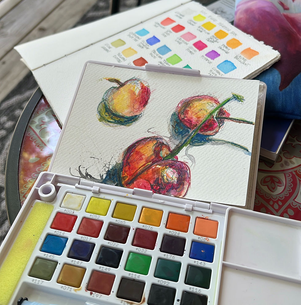Watercolor palette with a painting of Rainier cherries.