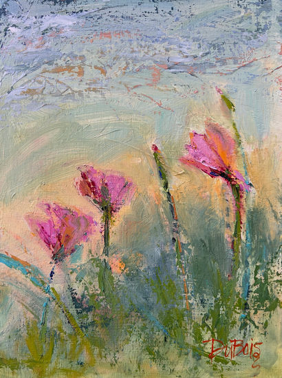 Palette knife acrylic impressionistic painting of 3 poppies opening