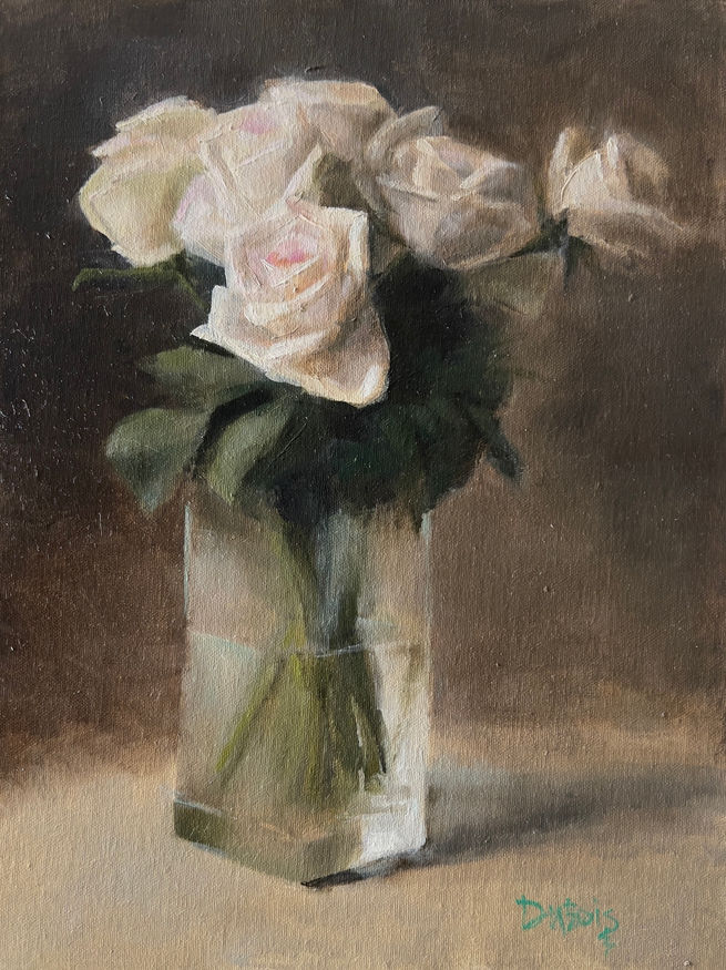 Oil painting of six white roses in a glass vase by Lisa DuBois