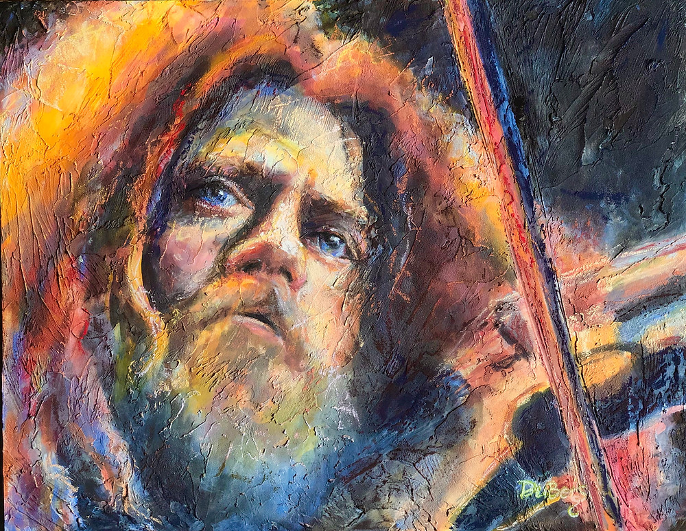 pastel painting of Robby Steinhardt, a man with red hair and beard, as he plays violin for the group Kansas.