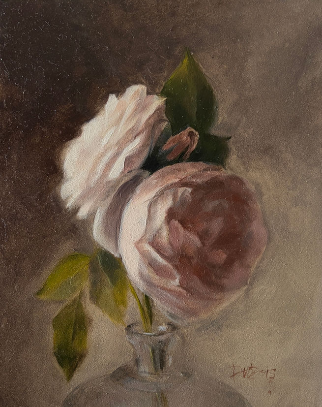 Oil painting of two English roses in a glass vase by Lisa DuBois