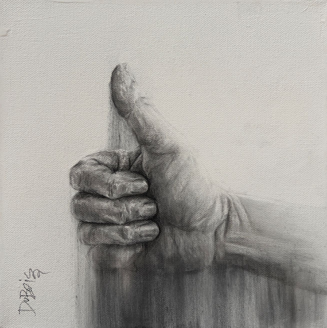 charcoal drawing by Lisa DuBois of a right hand making a thumbs up symbol
