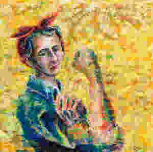 Impressionist style acrylic palette-knife painting of Rosie the Riveter by Lisa DuBois Art.
