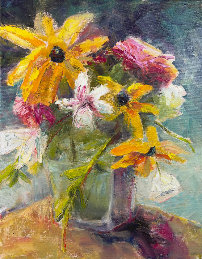 Still life oil painting of fresh picked flowers in a glass vase