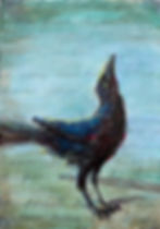 Painting of a black bird looking up