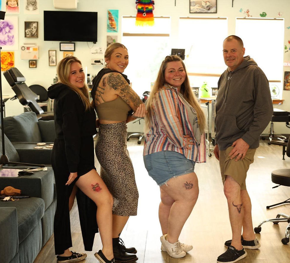 Kayla, Kasey, Line, and Tad proudly show off their new tattoos, unanimously chosen from a panel of individuals in round 3.