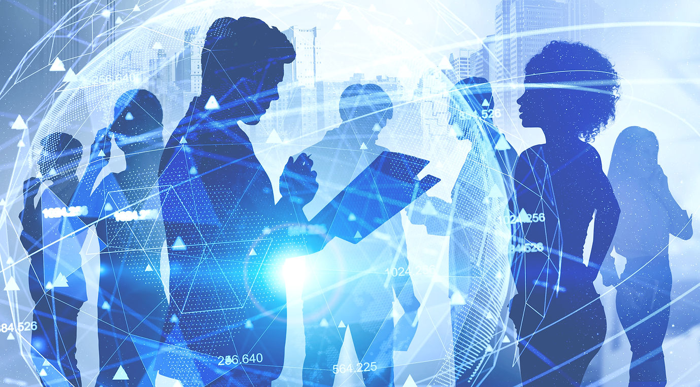 Diverse business team working together in city with double exposure of blurry futuristic n