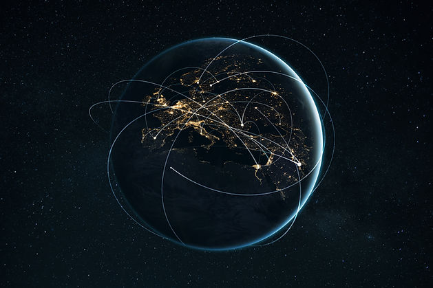 Night planet earth from space with light lines of communication and connection. Business a