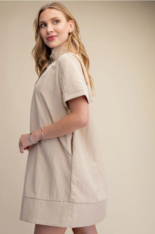 Thumbnail: Taupe Stand Collar Shift Mini Dress