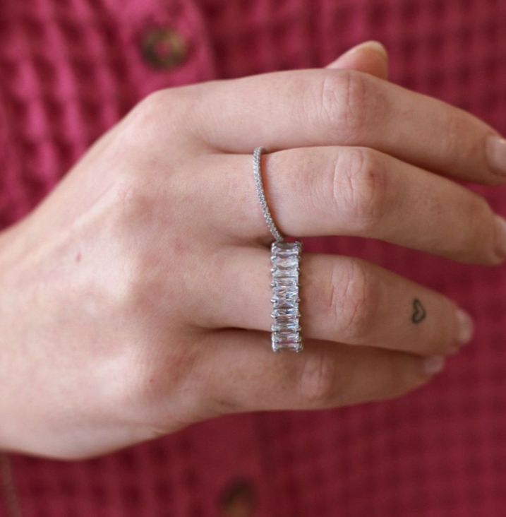 Thumbnail: Waterproof Silver Crystal Ring (size 8)