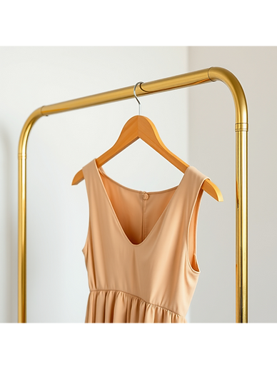 a light tan dress on a wooden hanger that is on a gold clothing rack_edited.png