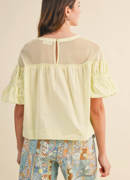 Thumbnail: Chartreuse Sheer Mesh Yoke Bubble Sleeve Top