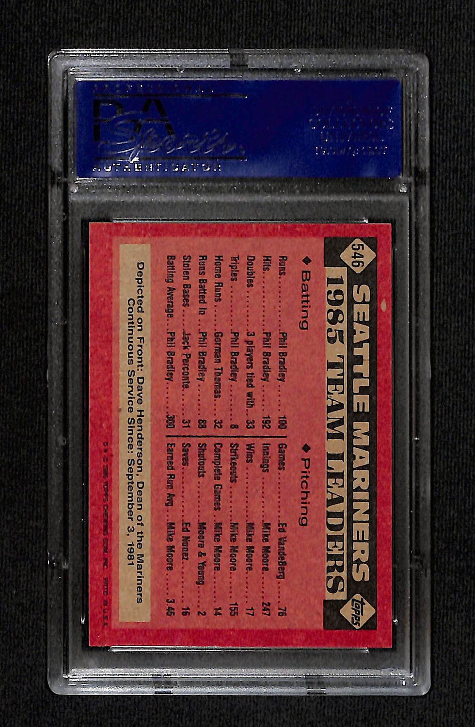 Thumbnail: Dave Henderson 1986 Topps Mariners Leaders #546 PSA 10 Back