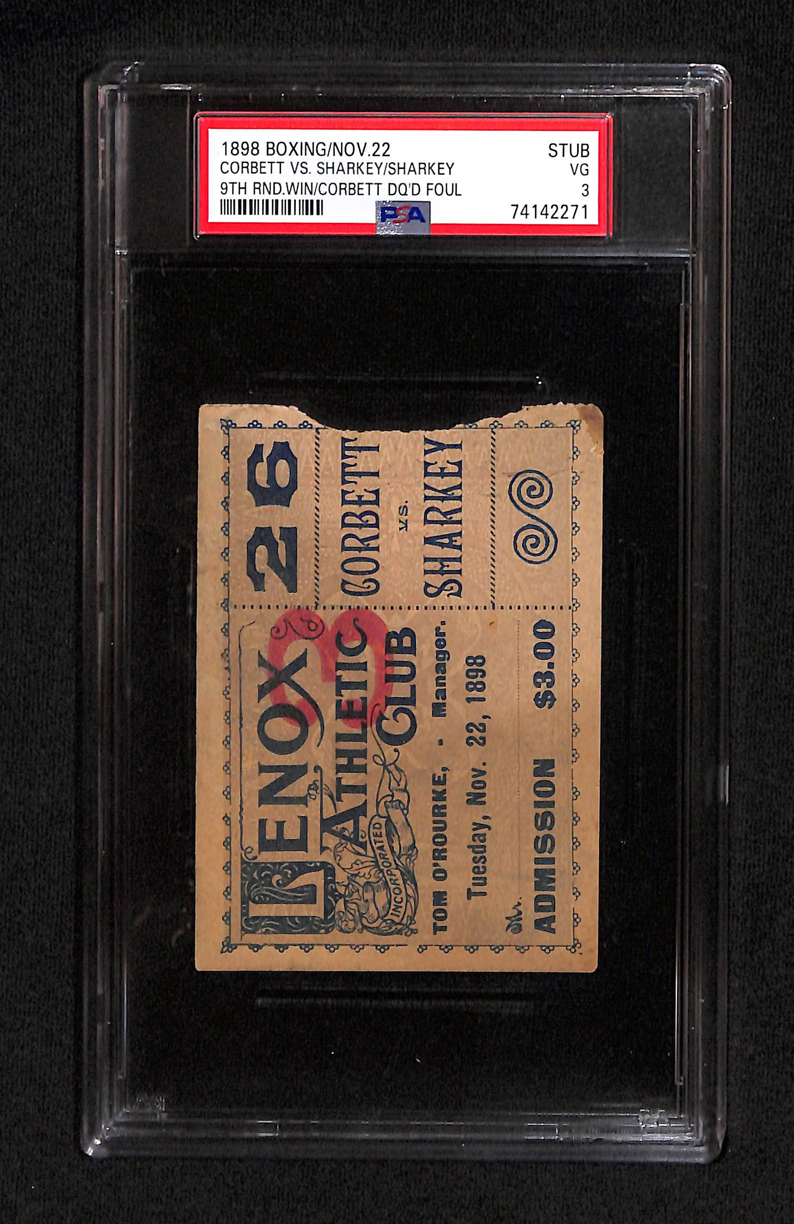 11-22-1898 Jim Corbett vs Tom Sharkey Ticket Stub PSA 3