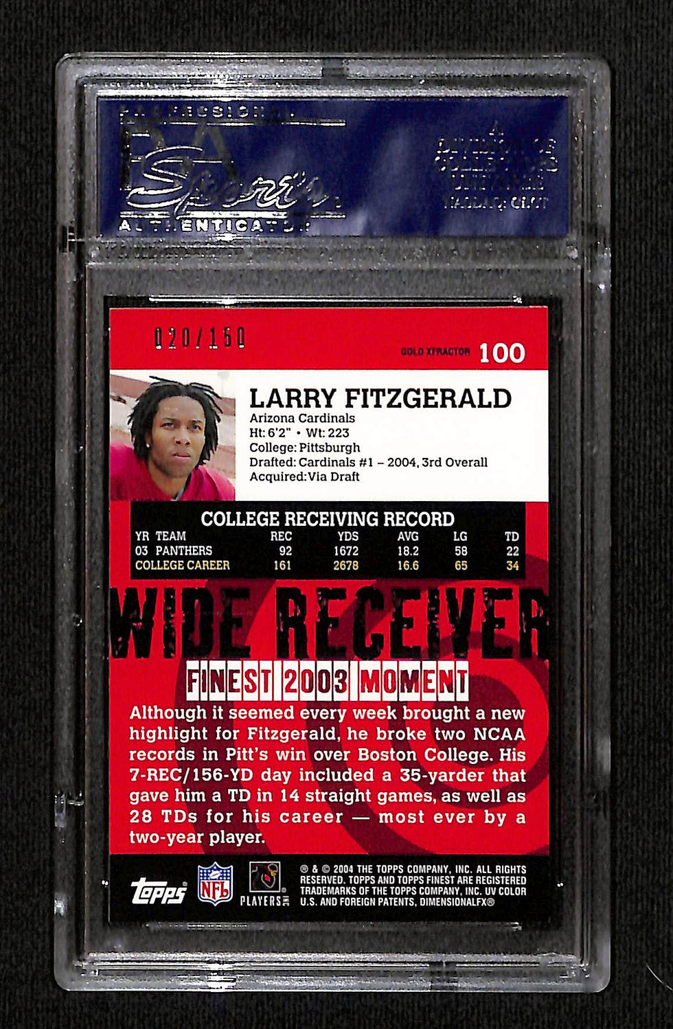 Miniatura: Larry Fitzgerald 2004 Finest Gold Xfractor 20/150 #100 PSA 10 Back