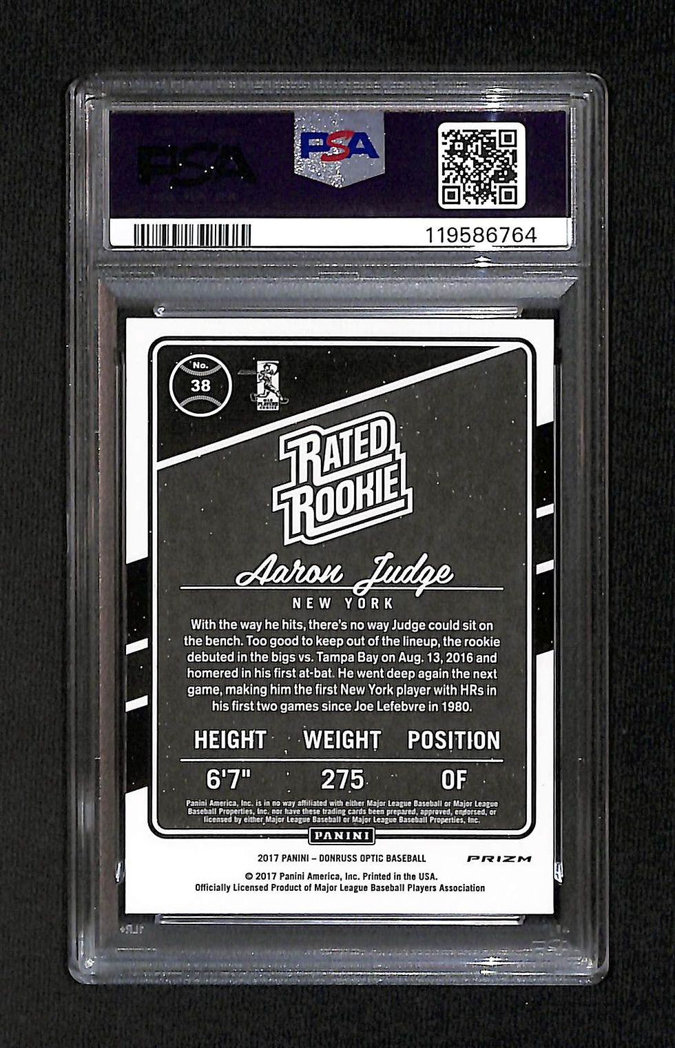 Miniatura: Aaron Judge 2017 Panini Donruss Optic Purple #38 PSA 8 Back