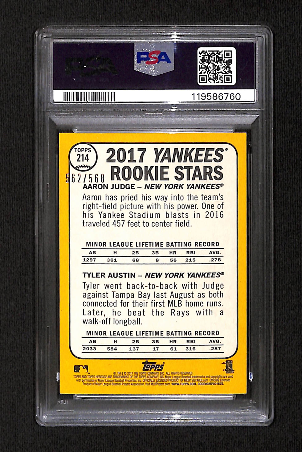 Miniatura: Aaron Judge 2017 Topps Heritage Chrome Refractor 562/568 #214 PSA 10 Back