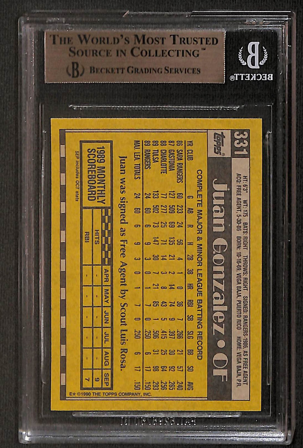 Miniatura: Juan Gonzalez 1990 Topps #331 BGS 9.5 Back