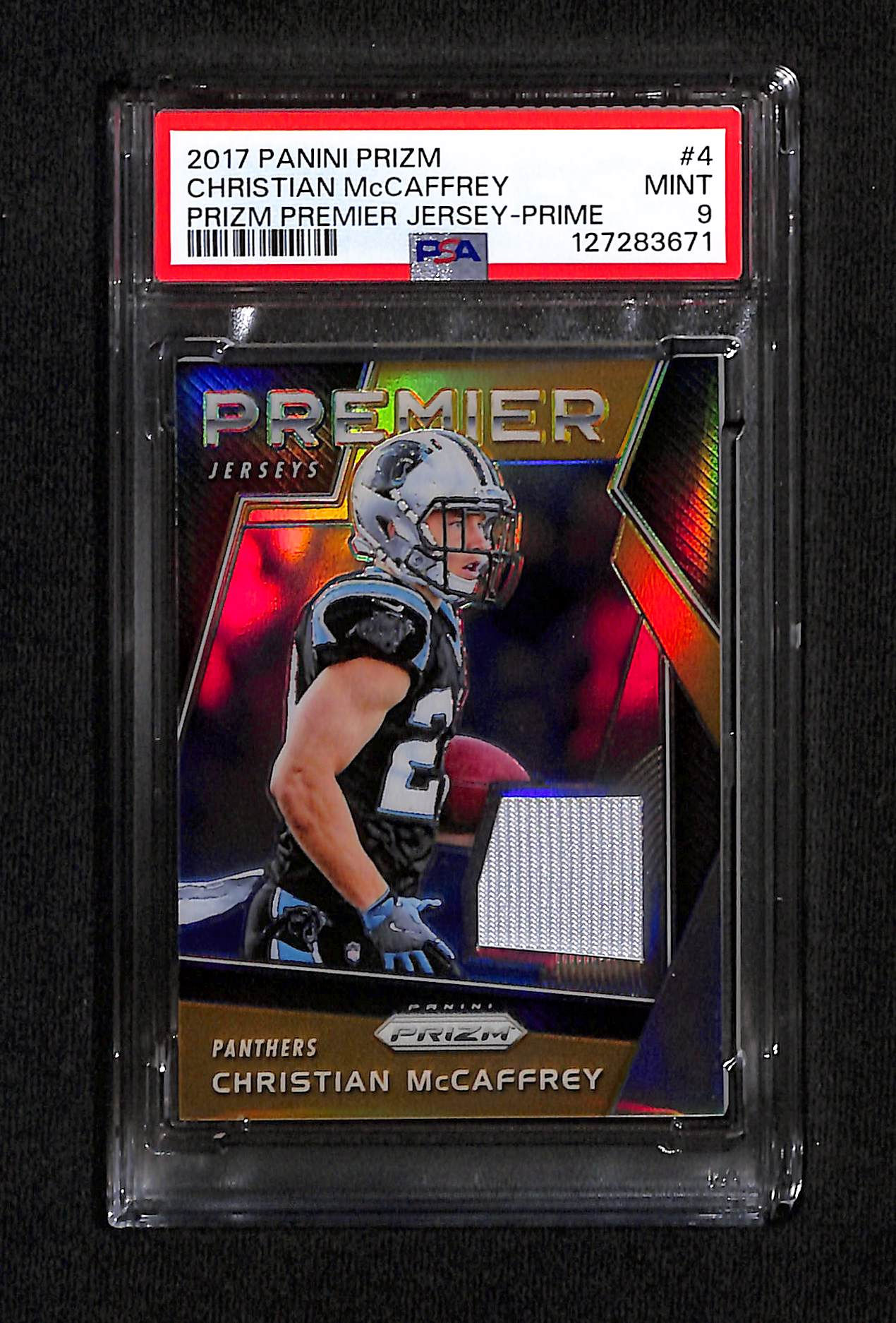 Christian McCaffrey 2017 Panini Prizm Premier Jersey 6/25 #4 PSA 9