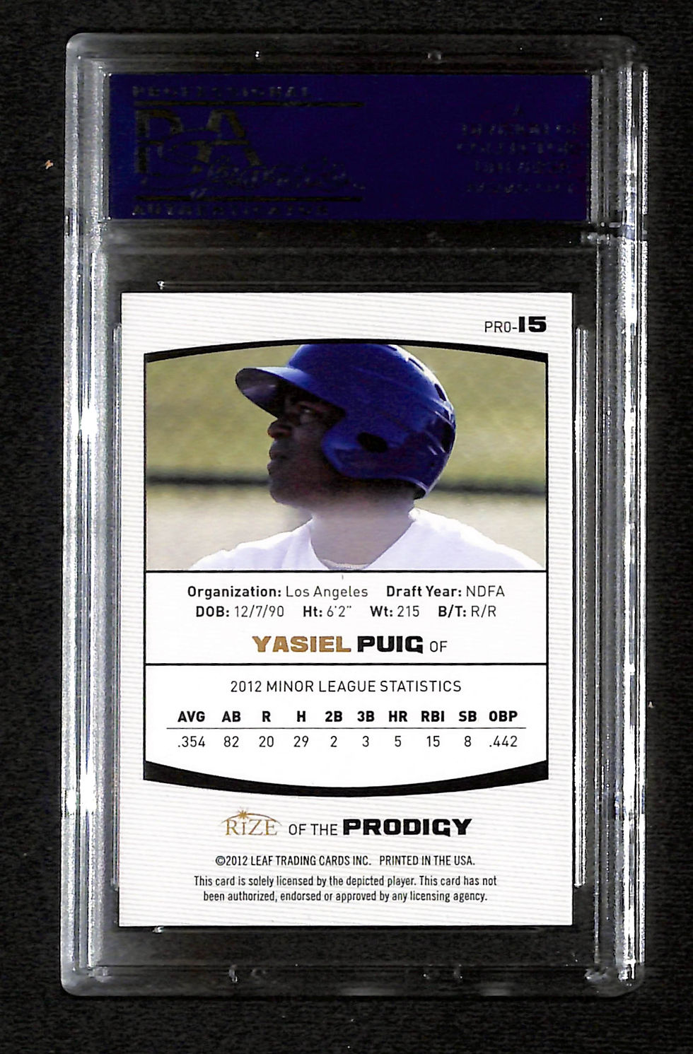 Miniatura: Yasiel Puig 2012 Leaf Rize Draft #15 PSA 10 Back