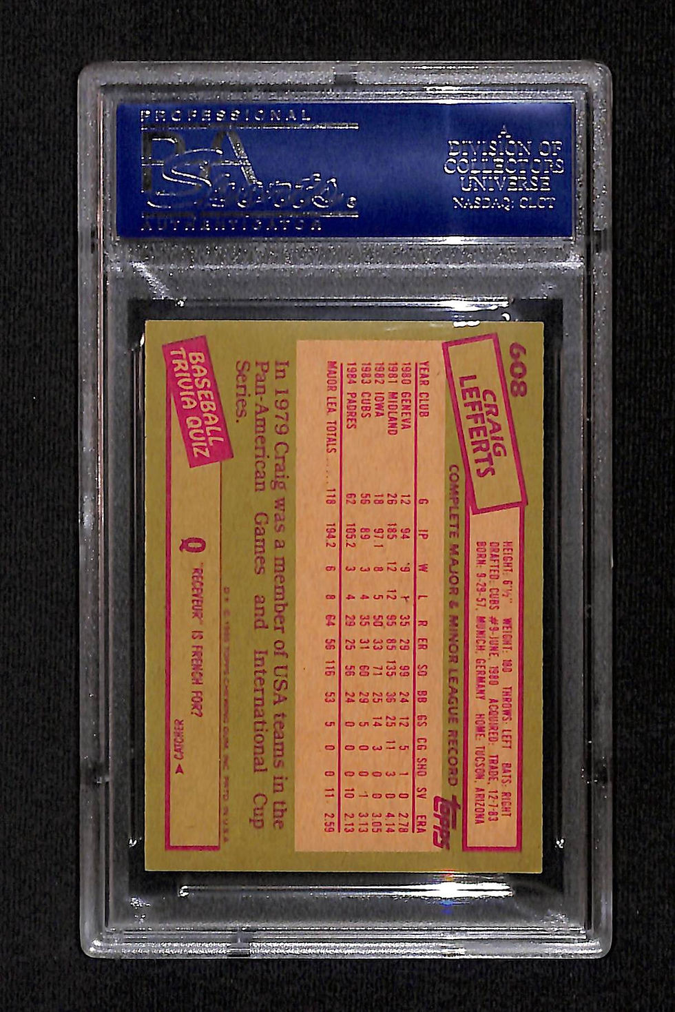 Miniatura: Craig Lefferts 1985 Topps Mini /100 #608 PSA 8 Back