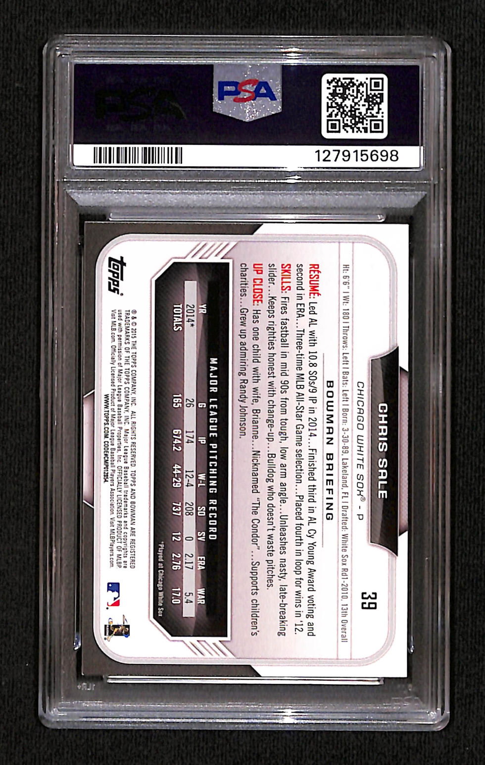 Thumbnail: Chris Sale 2017 Topps Archives "15 Bowman" Auto 1/1 #39 PSA 9/10 Back