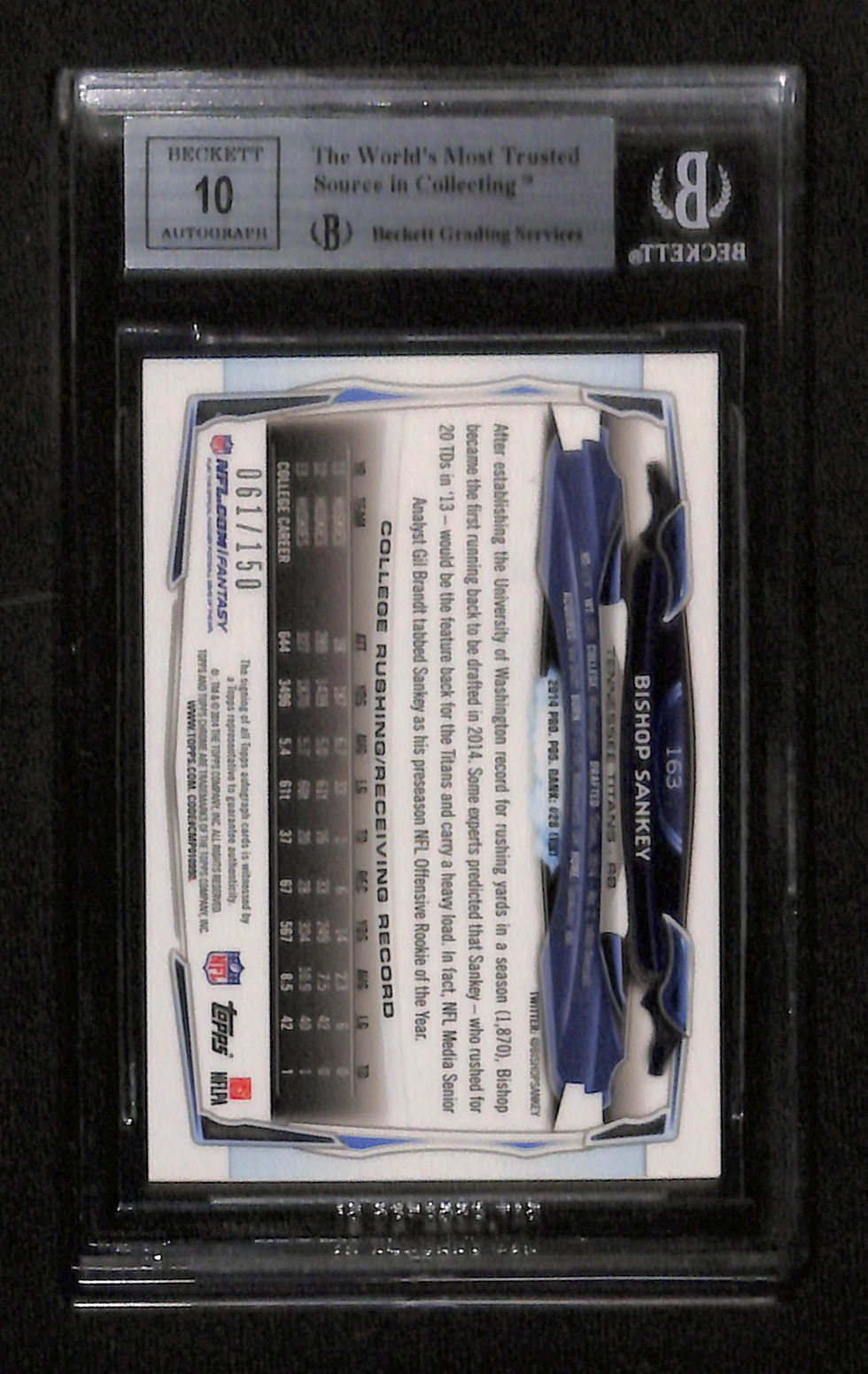 Thumbnail: Bishop Sankey 2014 Topps Chrome Rookie Auto Refractor 61/150 #163 BGS 9 Back