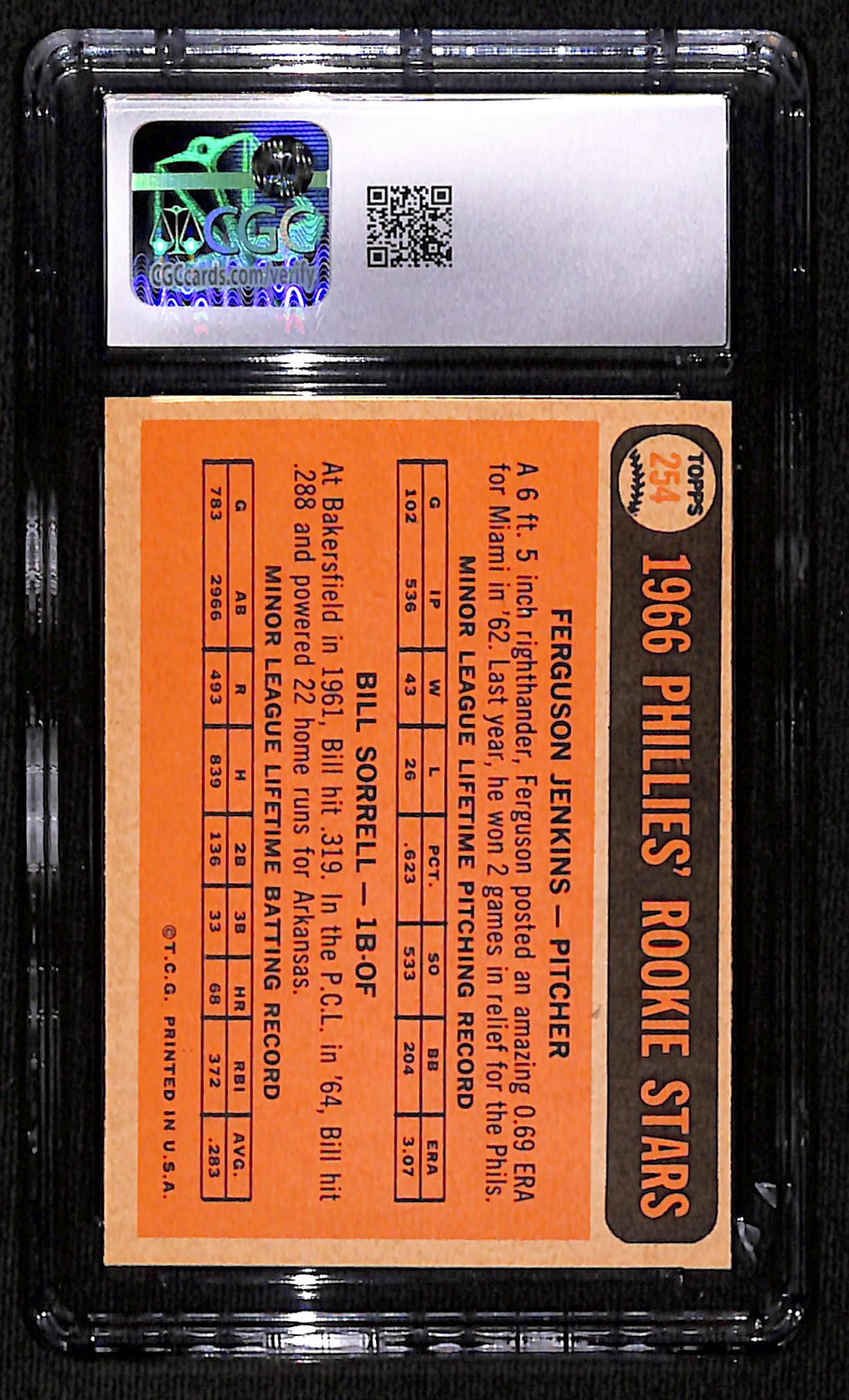 Thumbnail: Ferguson Jenkins 1966 Topps Phillies Rookie Stars #254 CGC 8 Back