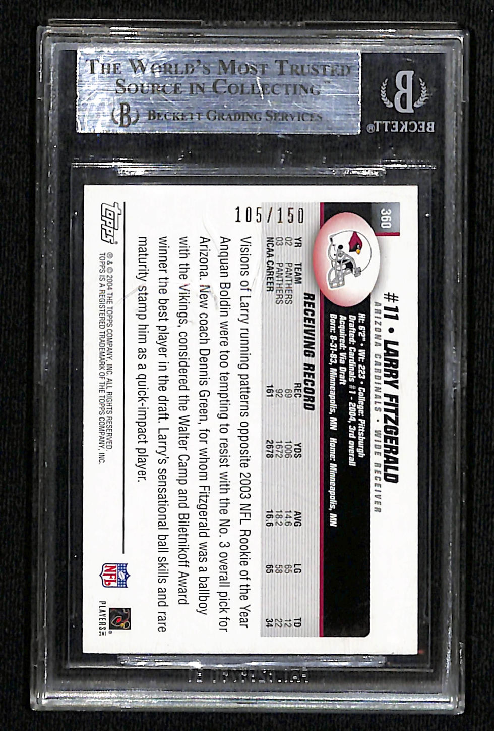 Thumbnail: Larry Fitzgerald 2004 Topps #360 Black 105/150 BGS 9 Back