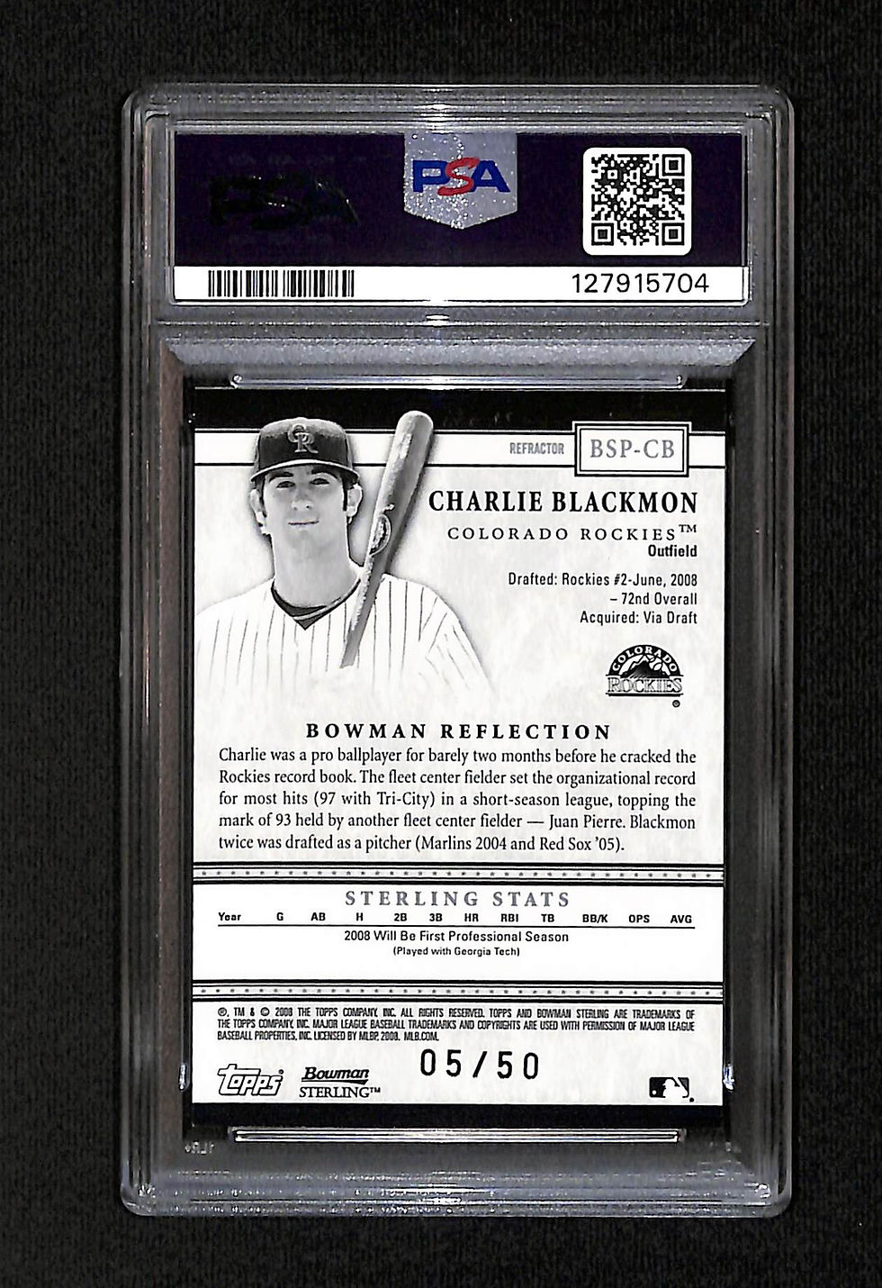 Miniatura: Charlie Blackmon 2008 Bowman Sterling Gold Refractor Auto 5/50 #BSPCB PSA 9/10 Back