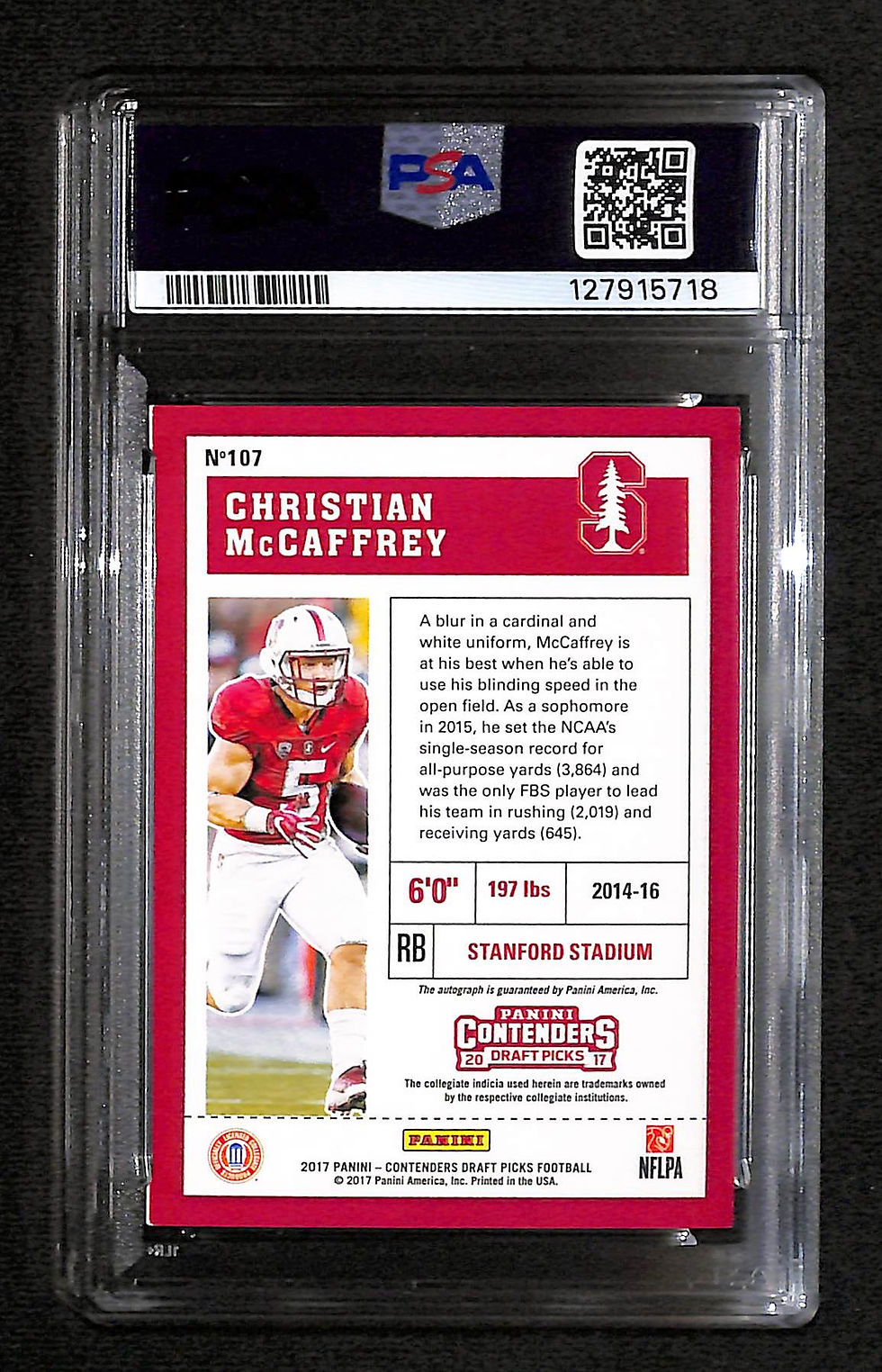 Thumbnail: Christian McCaffrey 2017 Panini Contenders Auto Playoff Ticket 3/15 #107 PSA 9 Back