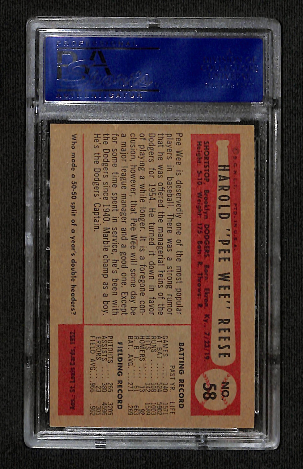 Miniatura: Pee Wee Reese 1954 Bowman #58 PSA 7.5 Back