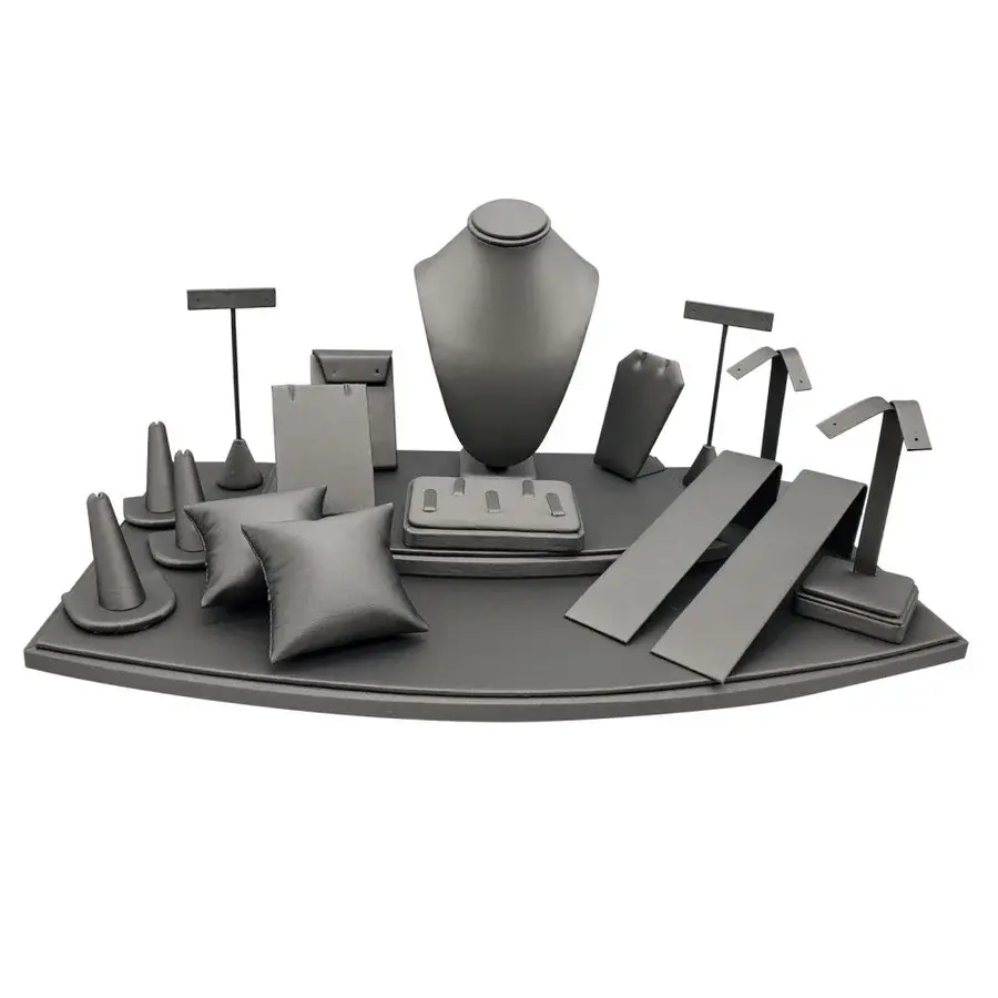 18 Piece Steel Grey Leatherette Jewelry Display Set
