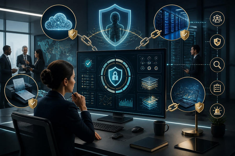 Businesswoman studies a glowing cybersecurity dashboard in a modern office, with chain-linked cloud, servers, and security icons.
