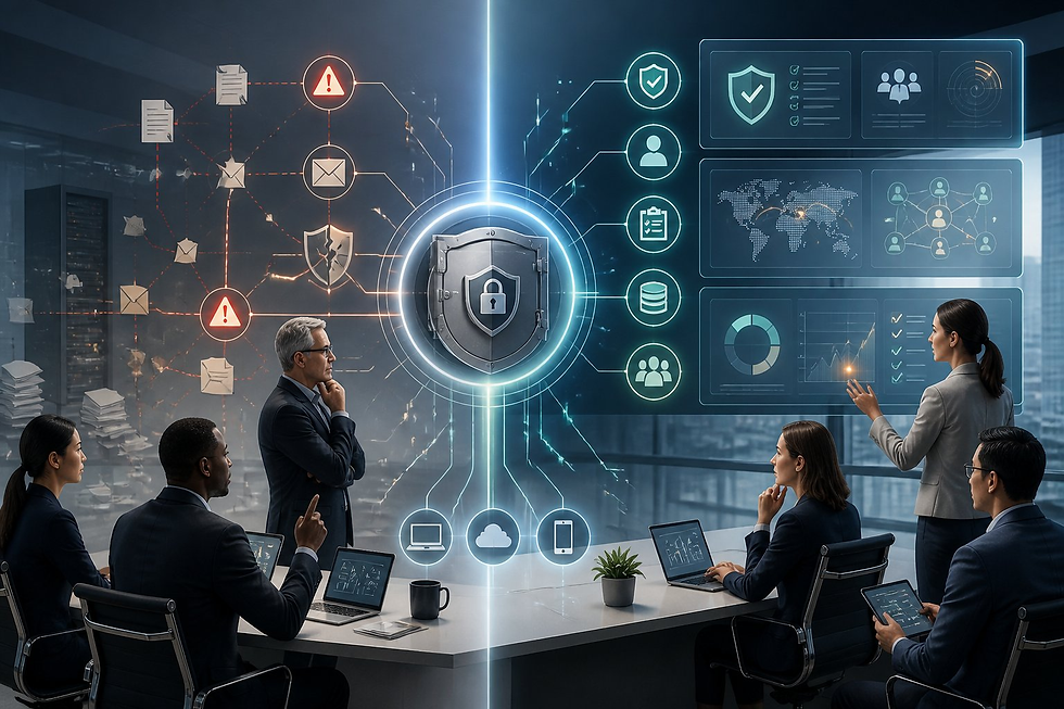 Business team reviews cybersecurity dashboard with shield and lock icons, warning emails, and data charts in a modern office