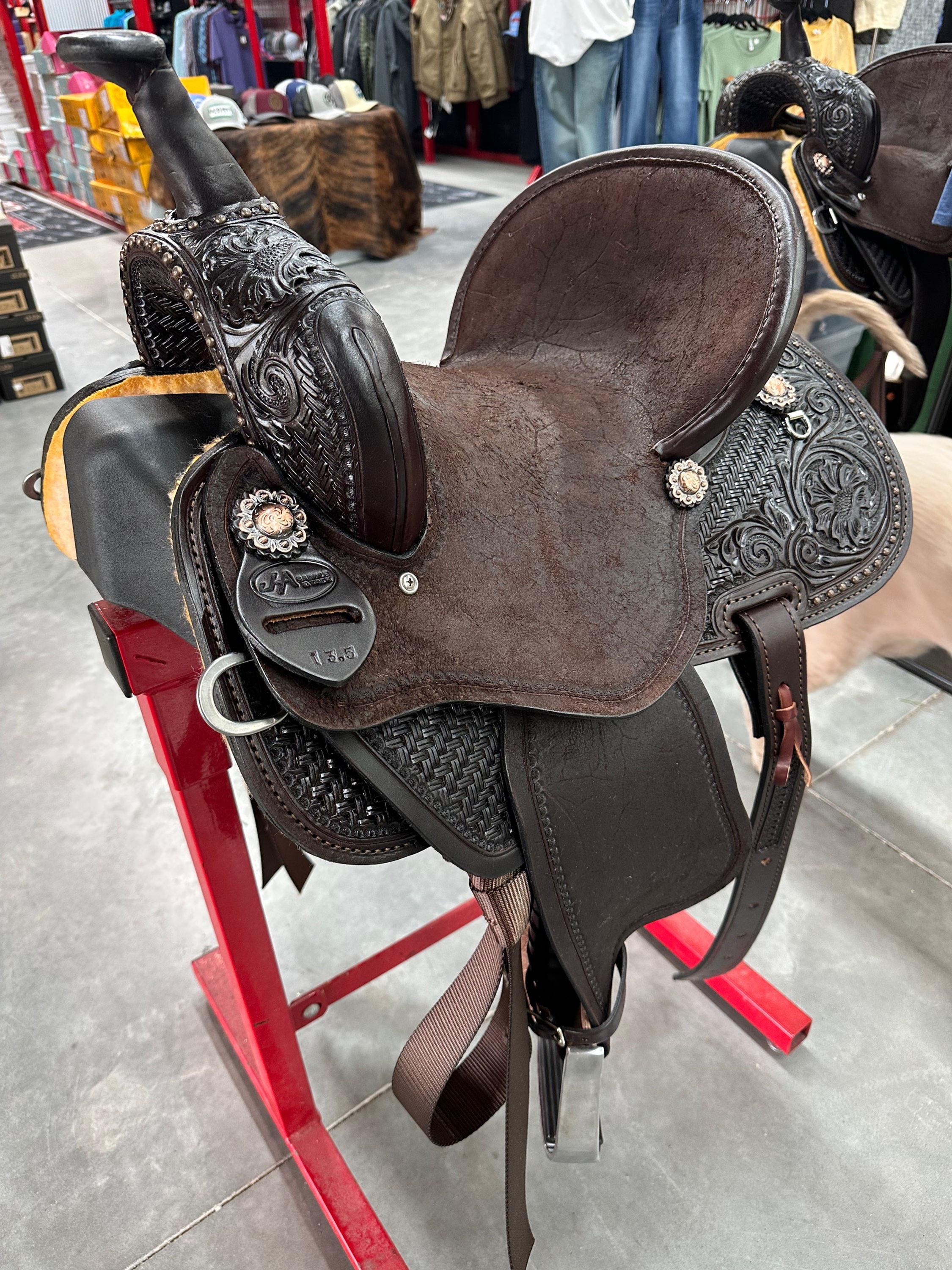 JHA Saddle - 112 hard Seat Round Skirt tooled w/ Pencil Roll and dots