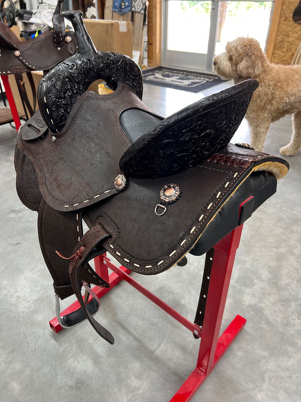 Thumbnail: JHA Saddle - 109  Inlaid Ostrich Seat Round Skirt Buck stitch w/ Pencil Roll 