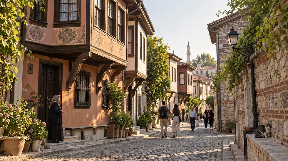 Edirne Kaleiçi’nde cumbalı tarihî evlerin sıralandığı taş sokakta yürüyen ziyaretçiler