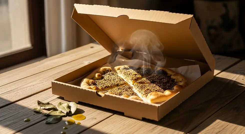 Steaming pizza inside kraft pizza box