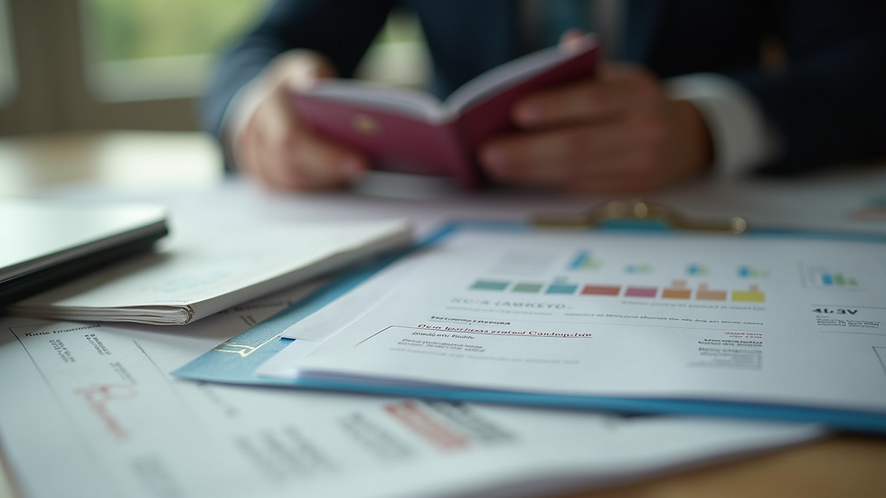 Close-up view of a passport and investment documents on a desk