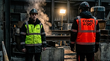 Firefly_Gemini Flash_Two industrial workers wearing COME n GO™ directional clothing. Left